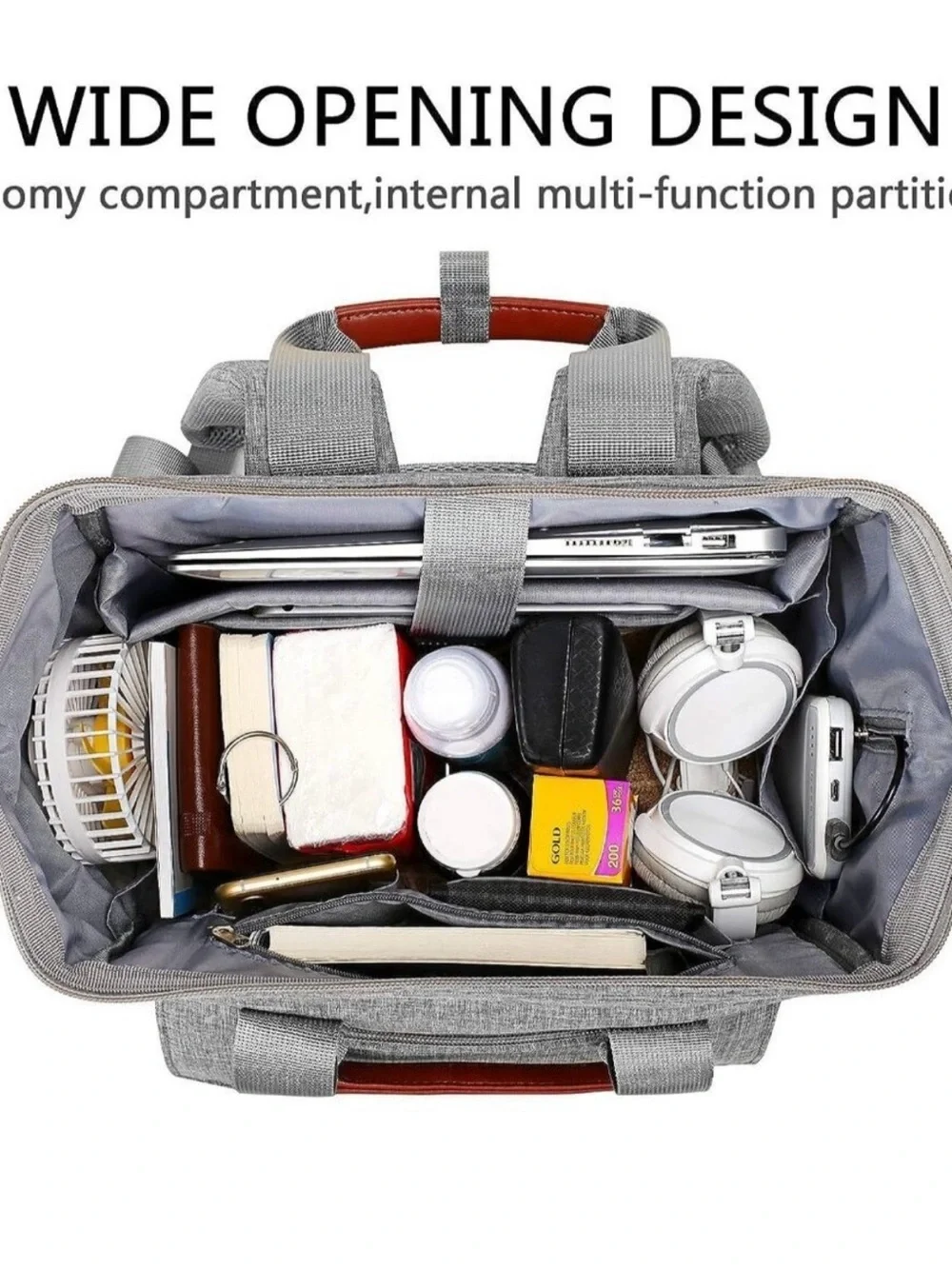 Falaniko Gray Backpack with Brown Trim Travel & Commuter Bag USB Charging Port